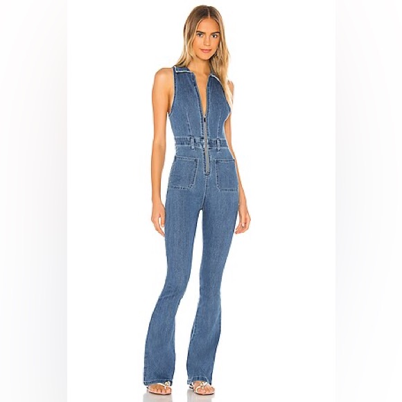 Weworewhat Sleeveless Denim Stretch Flare Jumpsuit